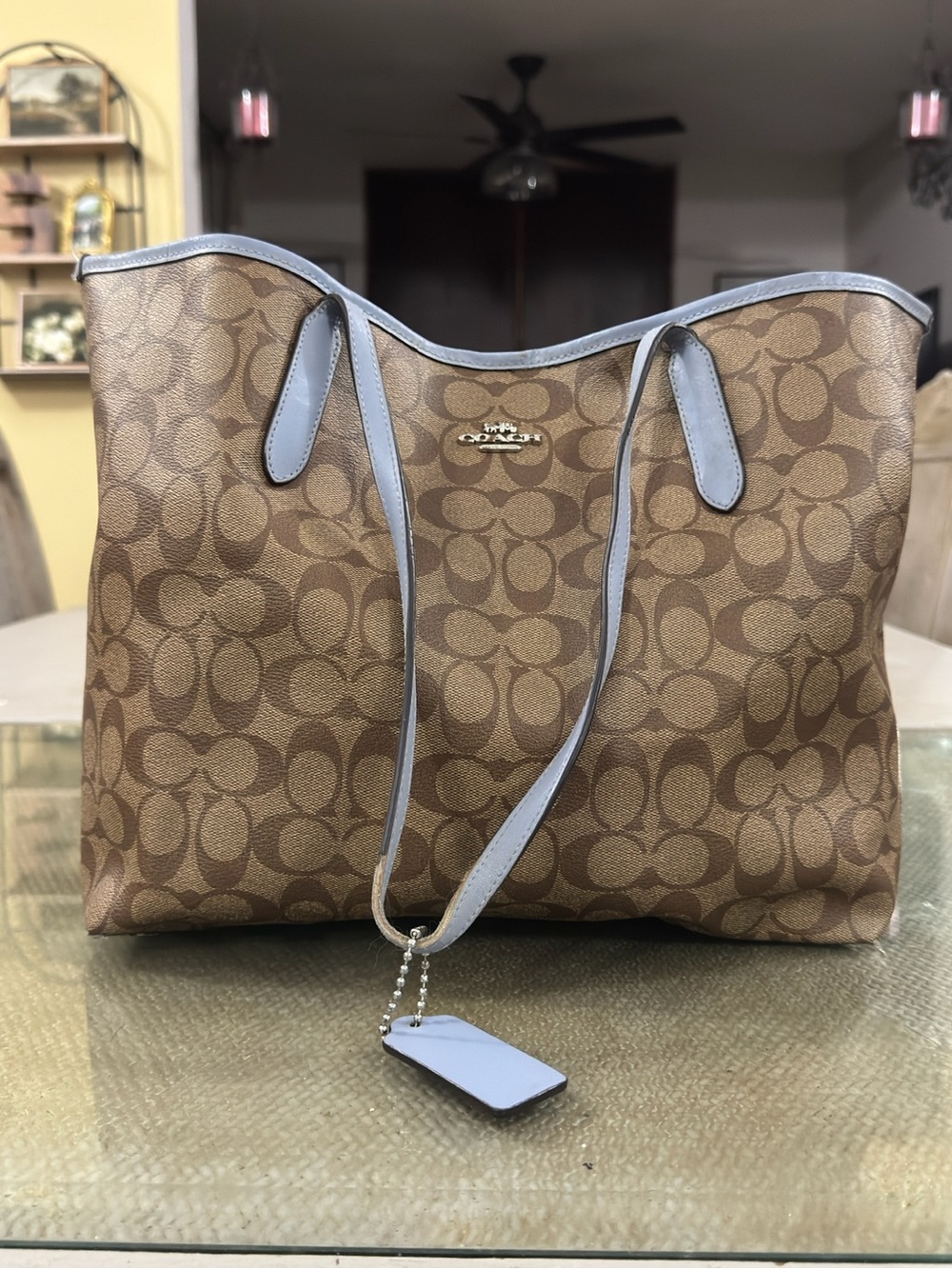 Coach Brown Signature Tote with Light Blue Trim